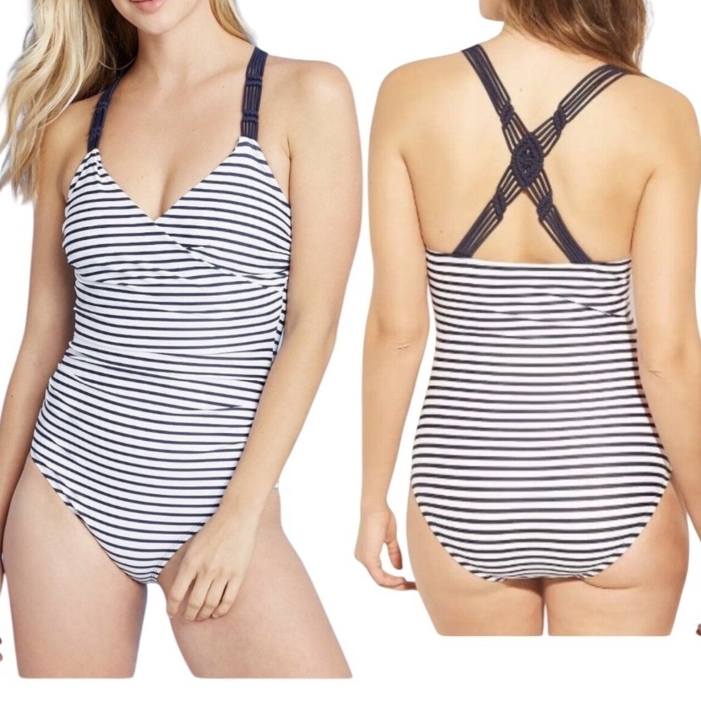 Kona Sol Shirred Macrema One Piece Swimsuit Navy White Size M